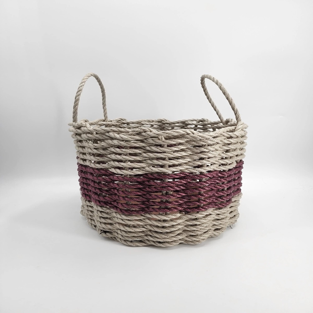 Authentic Maine Lobster Rope Storage Basket Tan And Burgundy 9 Inches