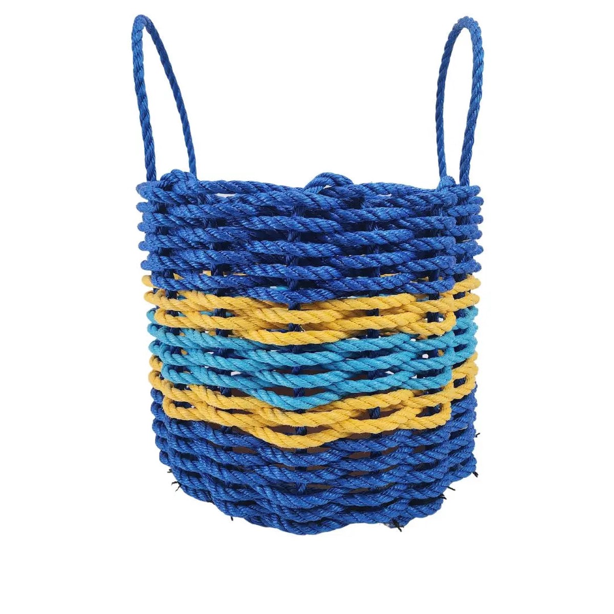 Authentic Maine Lobster Rope Storage Basket Two Tone Blue With Yellow Accents 16 Inches