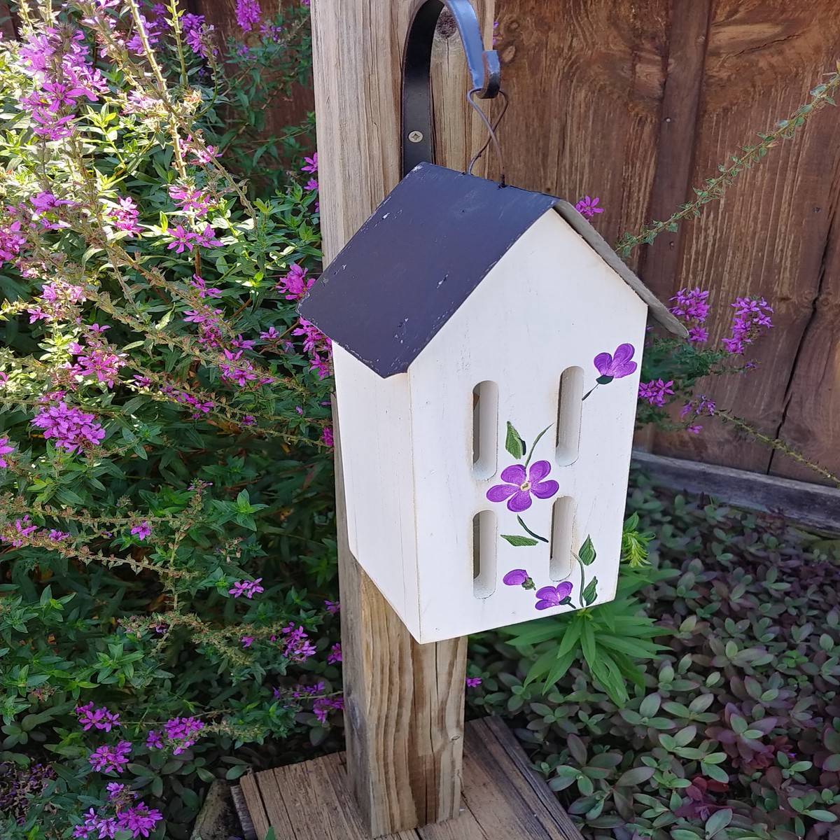 Butterfly Bird House With Hand Painted Flowers And Metal Roof