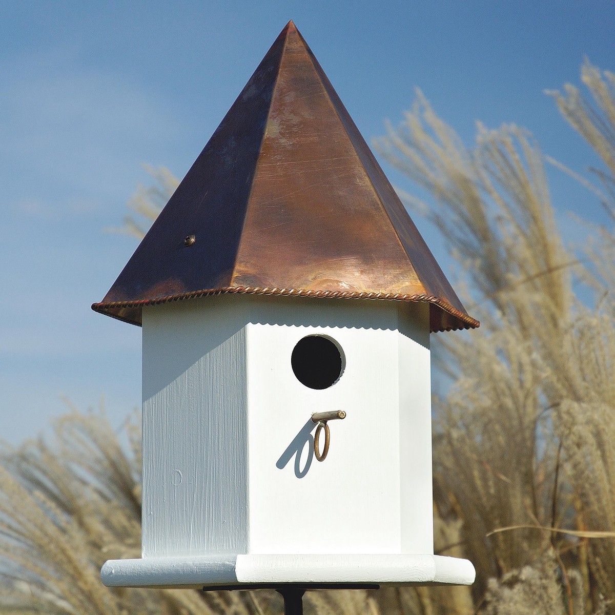 Copper Songbird Deluxe Birdhouse With Brown Patina Roof