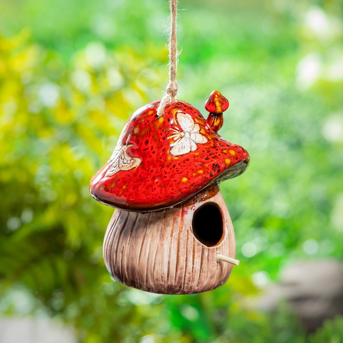 Cottage Garden Bird House Ceramic Fantasy Mushroom