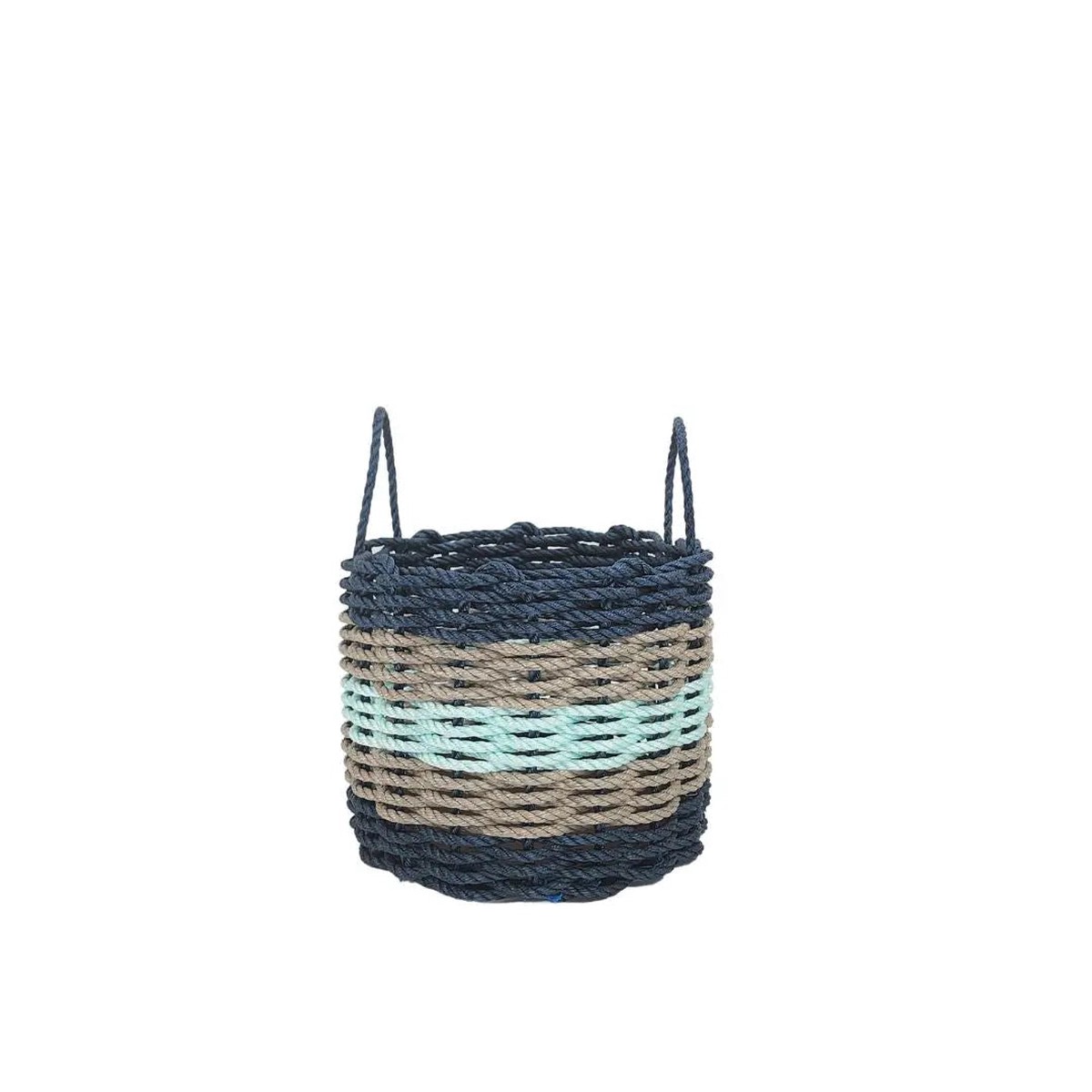 Five Stripe Rope Storage Basket Navy Tan And Seafoam 9 Inches