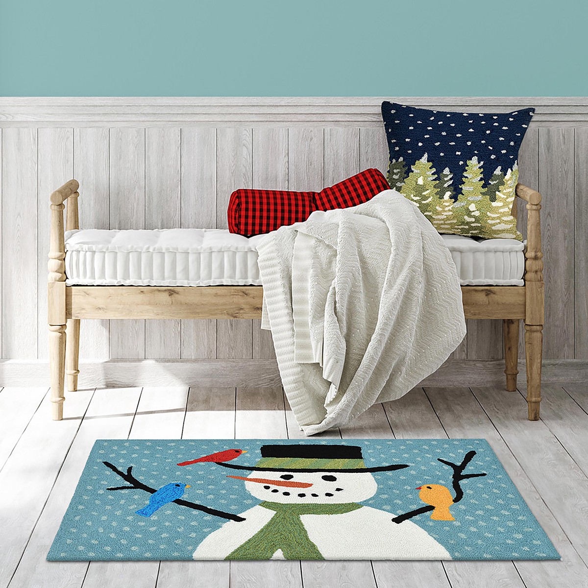 IndoorOutdoor Hand-Hooked Snowman And Birds Accent Rug 20 X 30