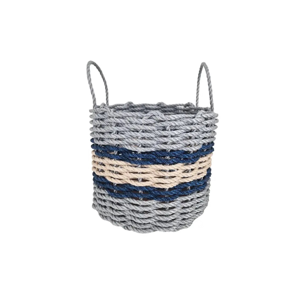Lobster Rope Basket Light Gray And Light Tan Navy Accents 9 Inches