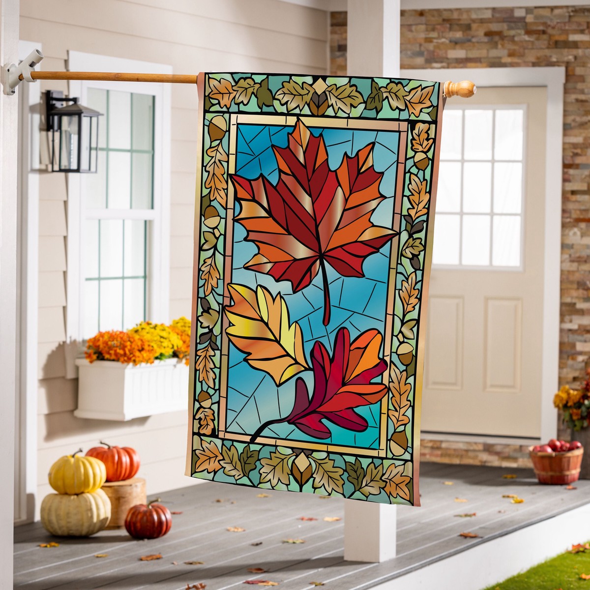 Autumn Leaves Stained Glass Burlap Flag House