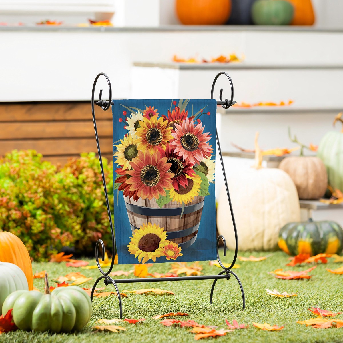 Barrel Of Blooms Pumpkins Burlap Garden Flag