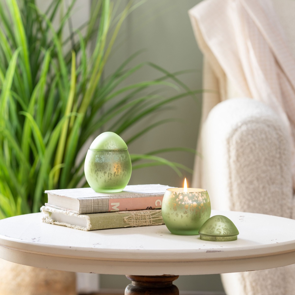 Egg Shape Mercury Glass Candle Smoke Green