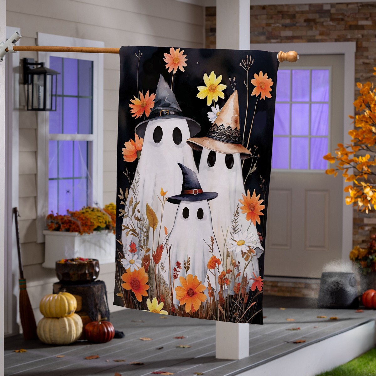 Halloween Ghost Family Burlap Flag Garden