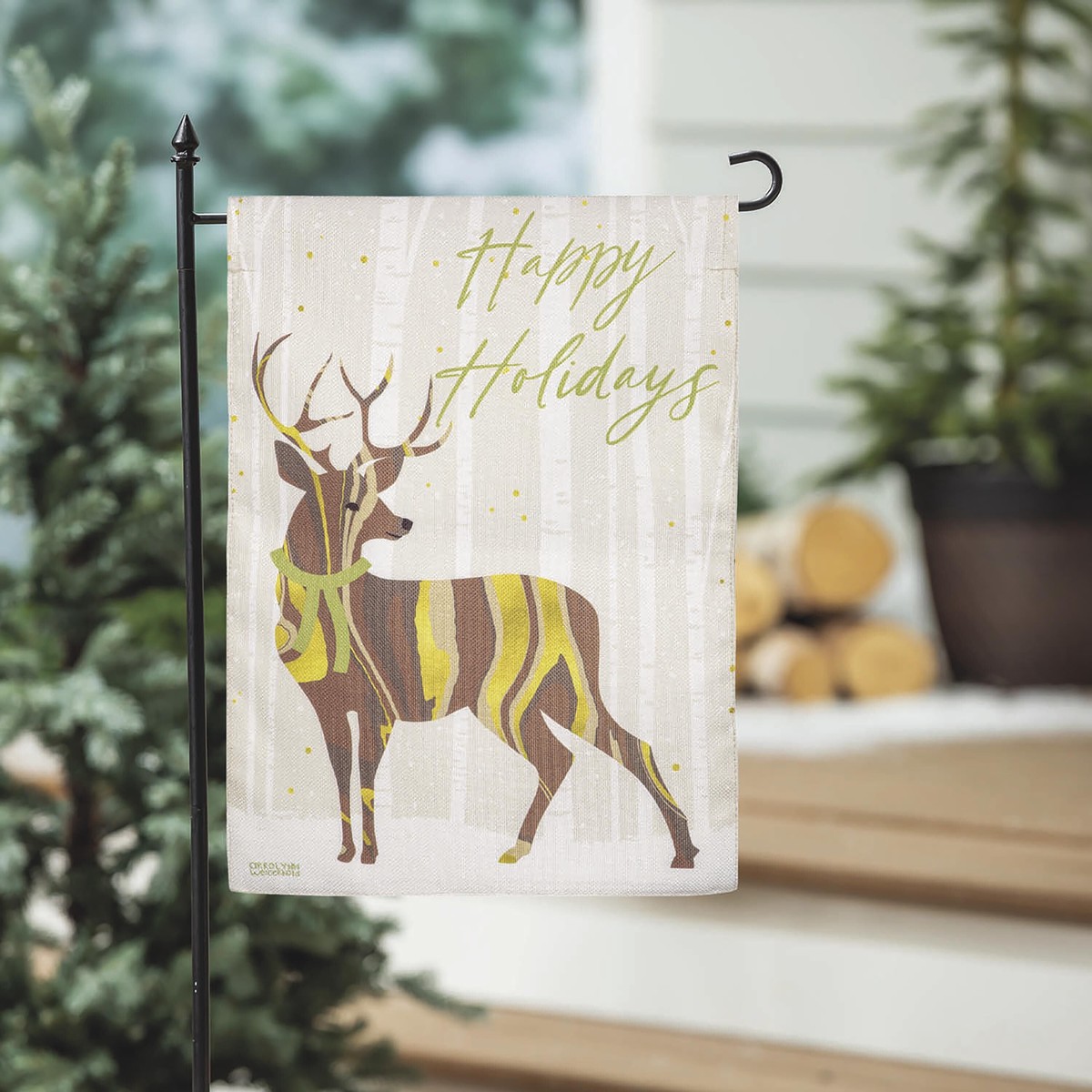 Happy Holidays Deer Burlap Garden Flag