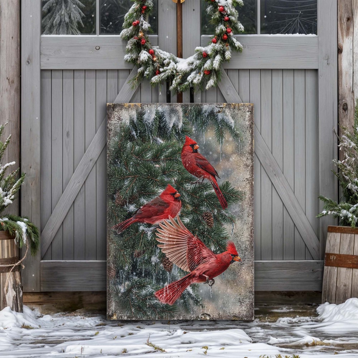 Vintage Cardinal Christmas Wall Art 36 InchExtraLargePremiumGalleryWrapped
