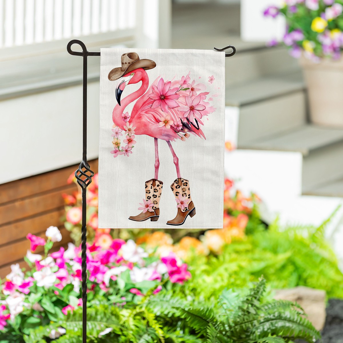 Western Flamingo Burlap Garden Flag