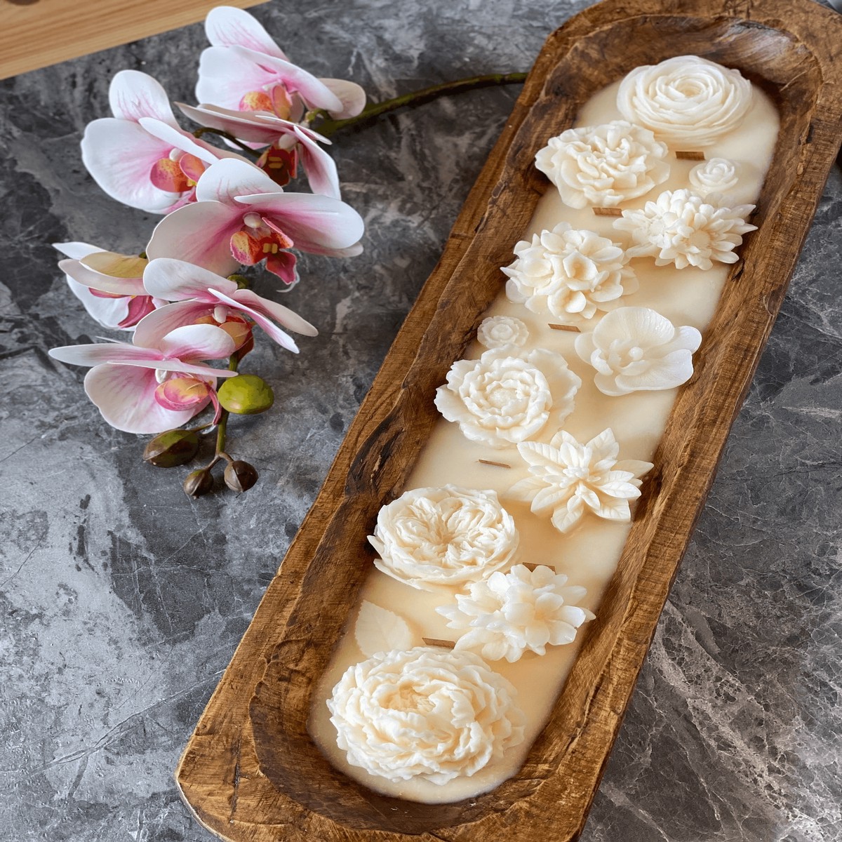 Four Seasons Floral Wooden Dough Bowl Candle HoneysuckleJasmineCottonWicks