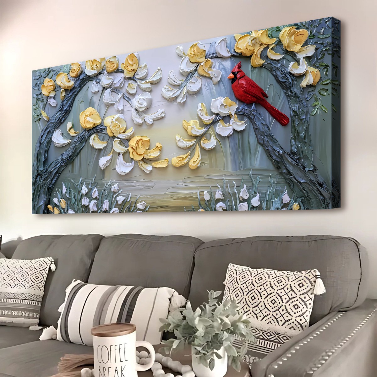 Golden Petals And Scarlet Wings Impasto Wall Art 48 InchLargePremiumGalleryWrapped