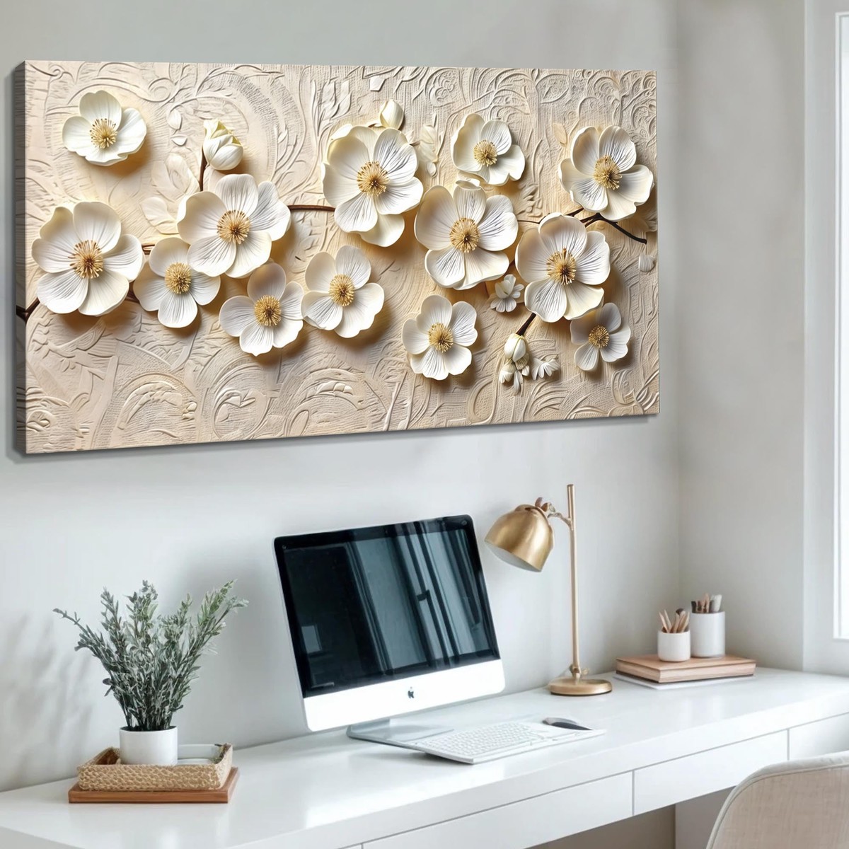 White Blossom Serenade Impasto Wall Art 20 InchMediumPremiumGalleryWrapped