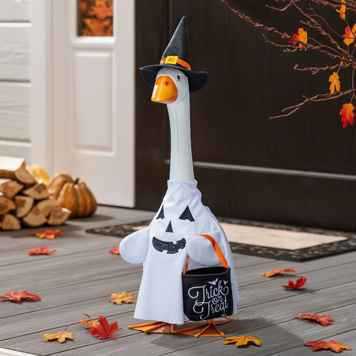 Giddy The Porch Goose Outdoor Statue With Halloween Ghost Outfit 21H