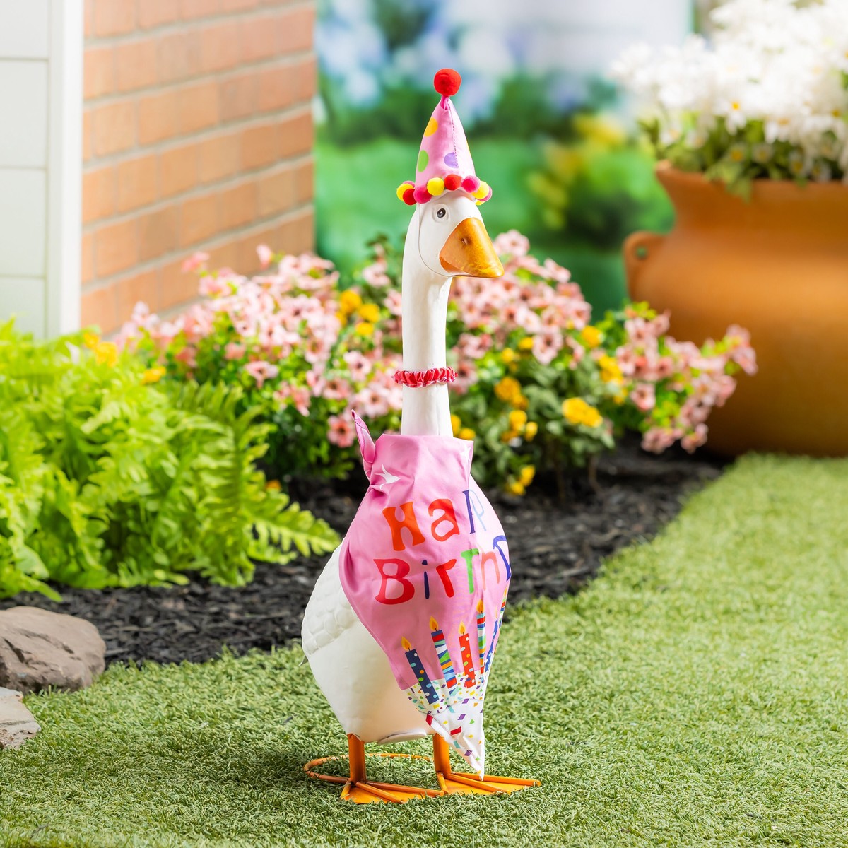 Giddy The Porch Goose Outdoor Statue With Pink Birthday Outfit 21H