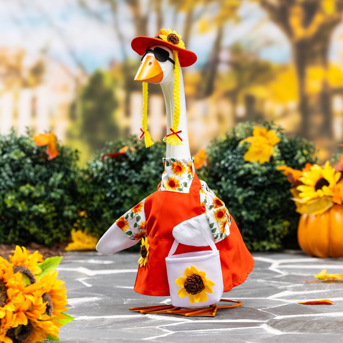 Giddy The Porch Goose Outdoor Statue With Sunflower Dress Outfit 21H