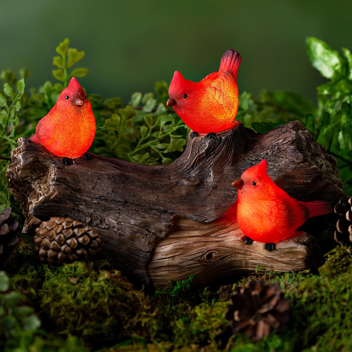 Memorial Garden Statue Solar Cardinal Family On Wooden Log 5H