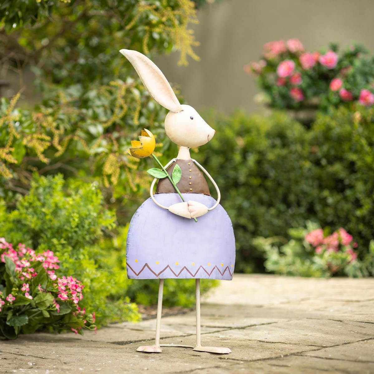 Metal Bunny With Flower Garden Statue