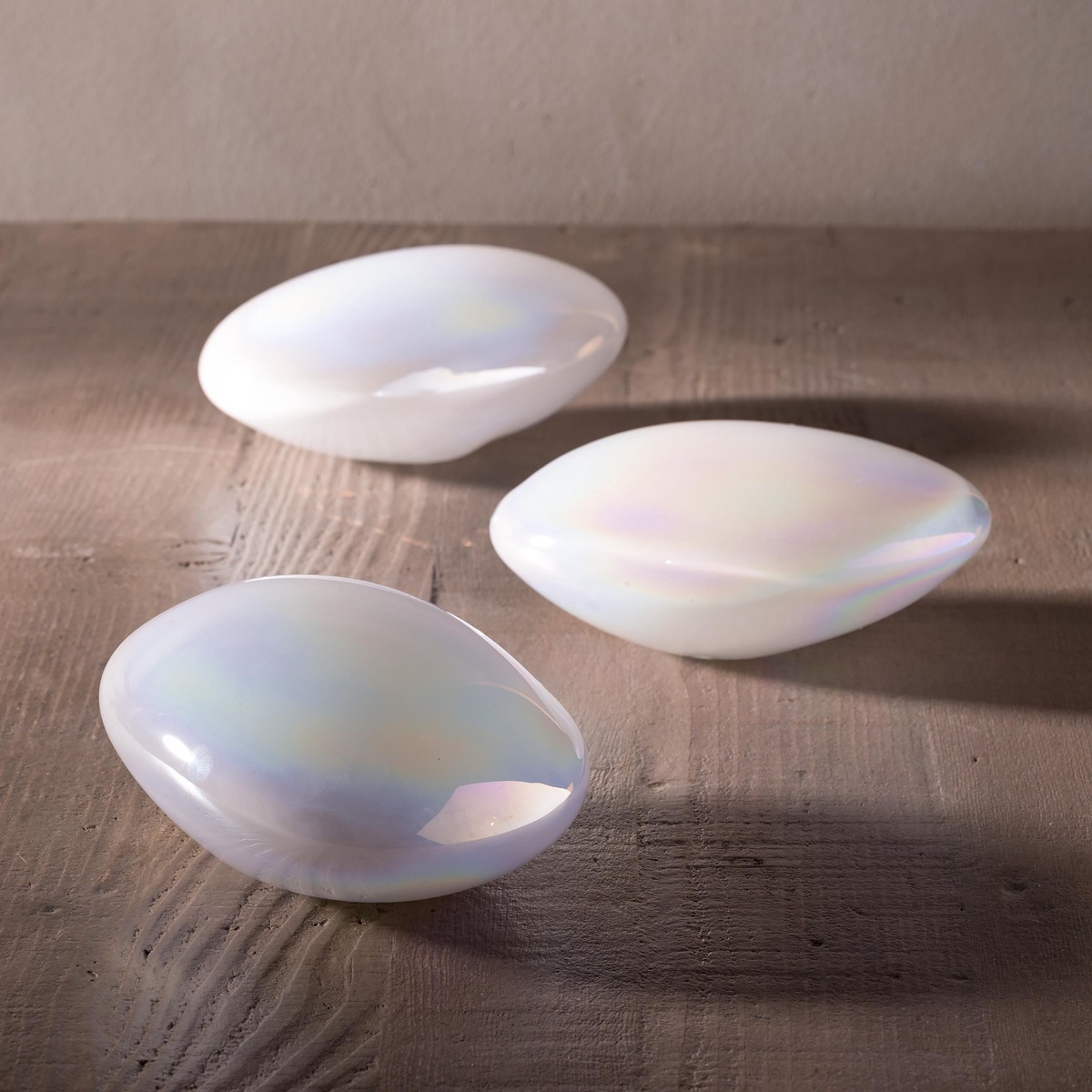 Organic Shaped Iridescent Glass Stones Set Of 3 White White