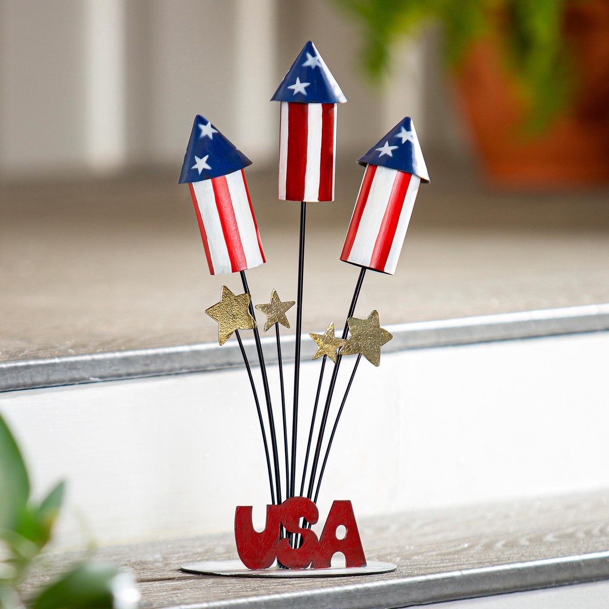 Petite Patriotic Rocket Metal Garden Statue