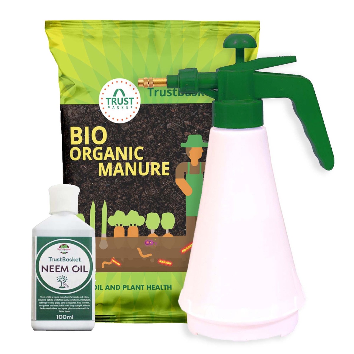 Plants Maintenance Kit (Neem Oil 100 ml1 kg Bio Organic Manure1ltr Pressure Sprayer)