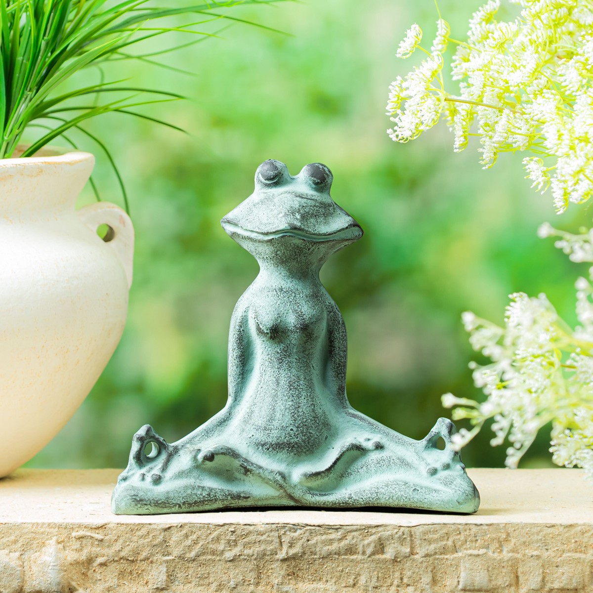 Pollinator Garden Statue Metal Distressed Yoga Frog Statue 10H