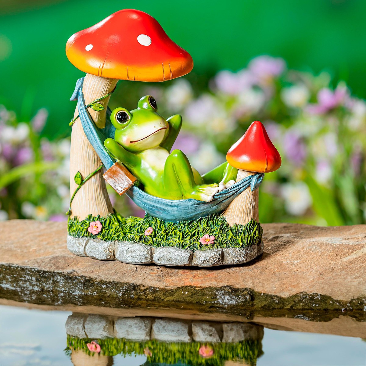 Pollinator Garden Statue Resin Relaxing Frog In Hammock Statue 8H