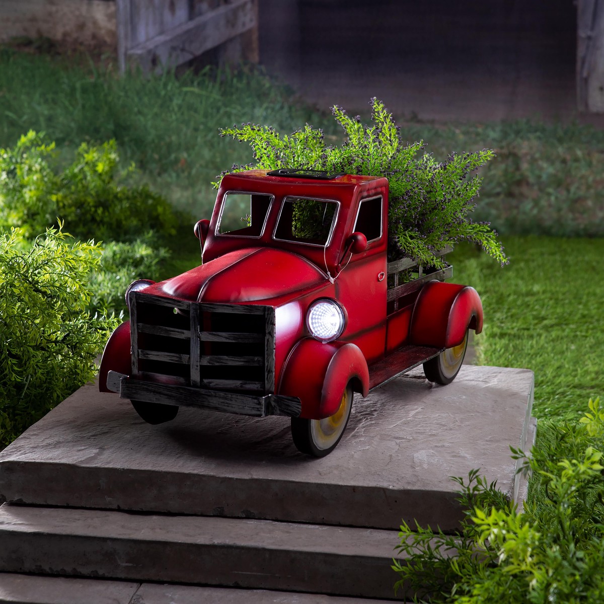 Red Vintage Style Pickup Truck Garden Accent With Solar Headlights Red