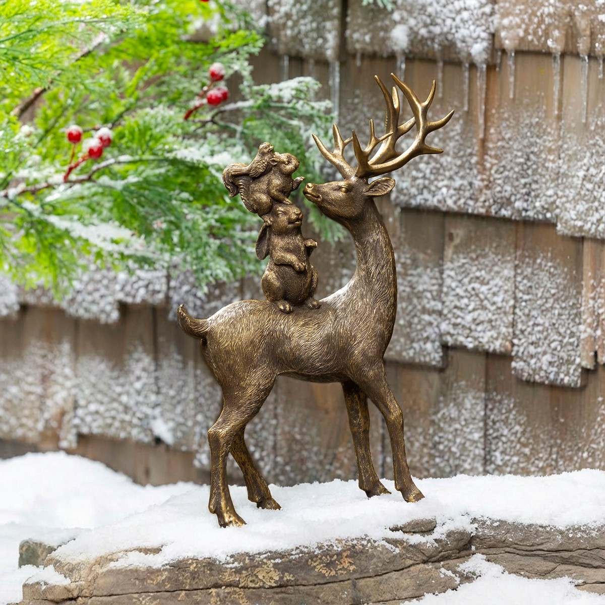 Winter Grove Resin Standing Deer With Squirrel Rabbit Statuary 12H