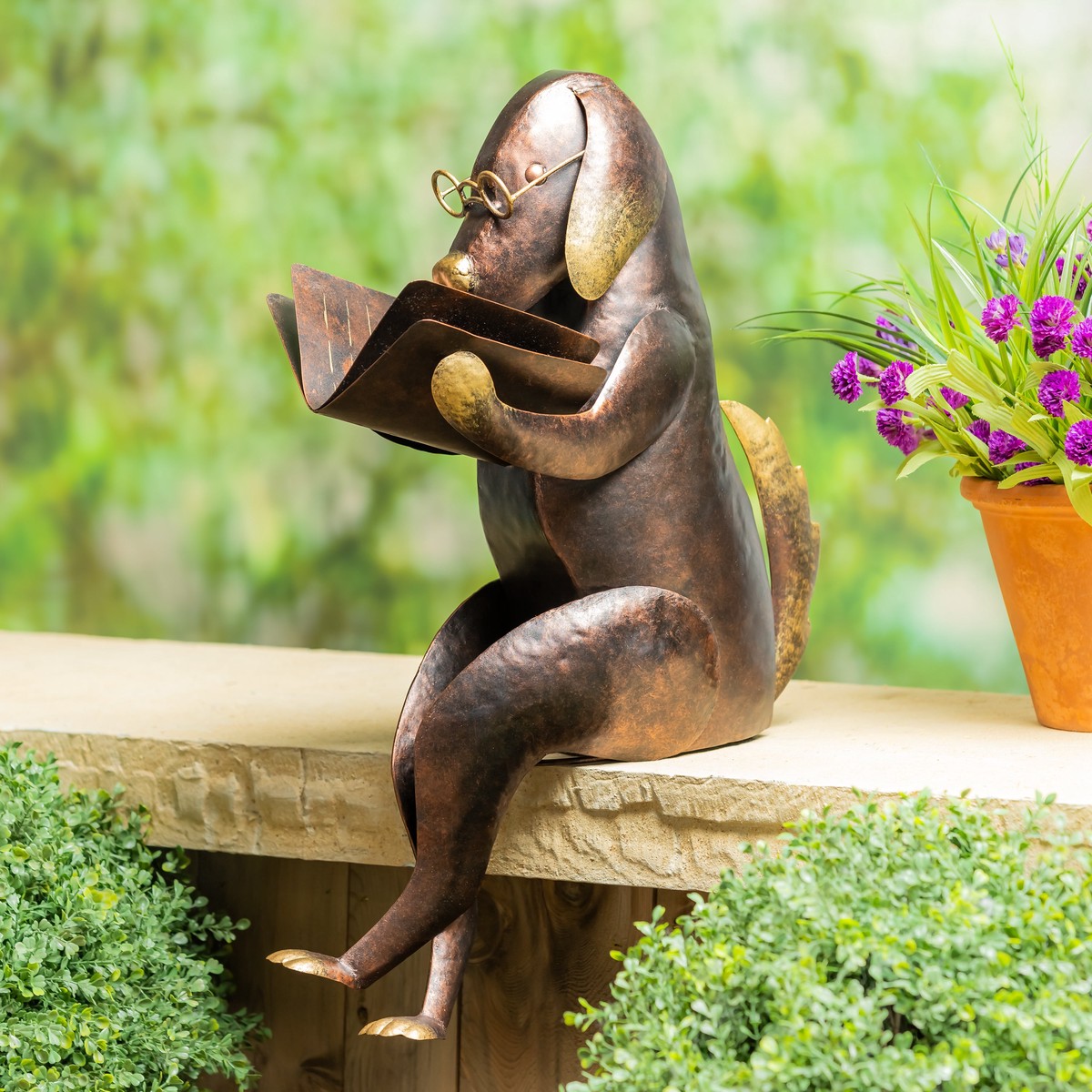 Dog Reading A Book Metal Garden Statue