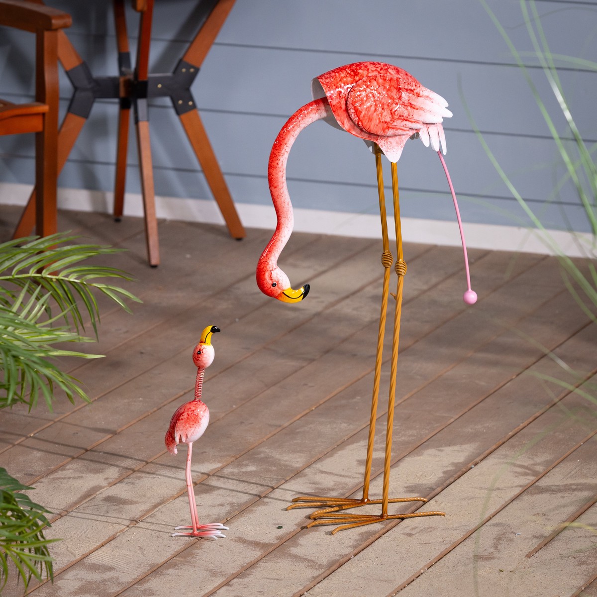 Flamingo Mom Balancer With Wobble Baby Metal Garden Statue Set 315 H