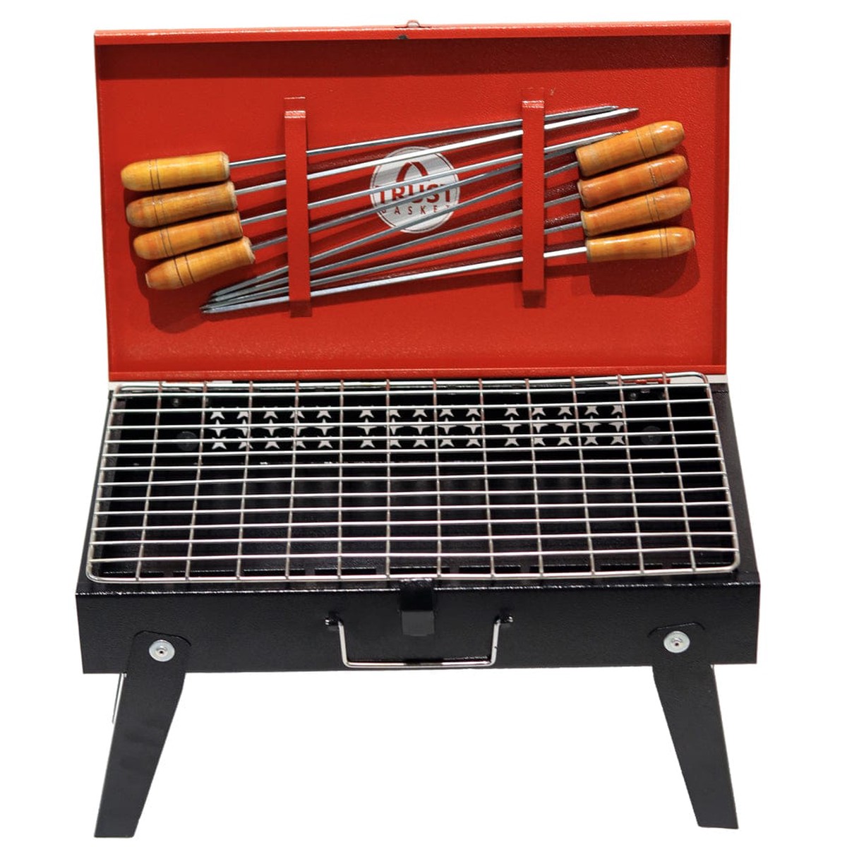Foldable Charcoal Barbeque Grill Set With 8 Skewers Charcoal Tray (Red Black) Briefcase Barbeque Grill