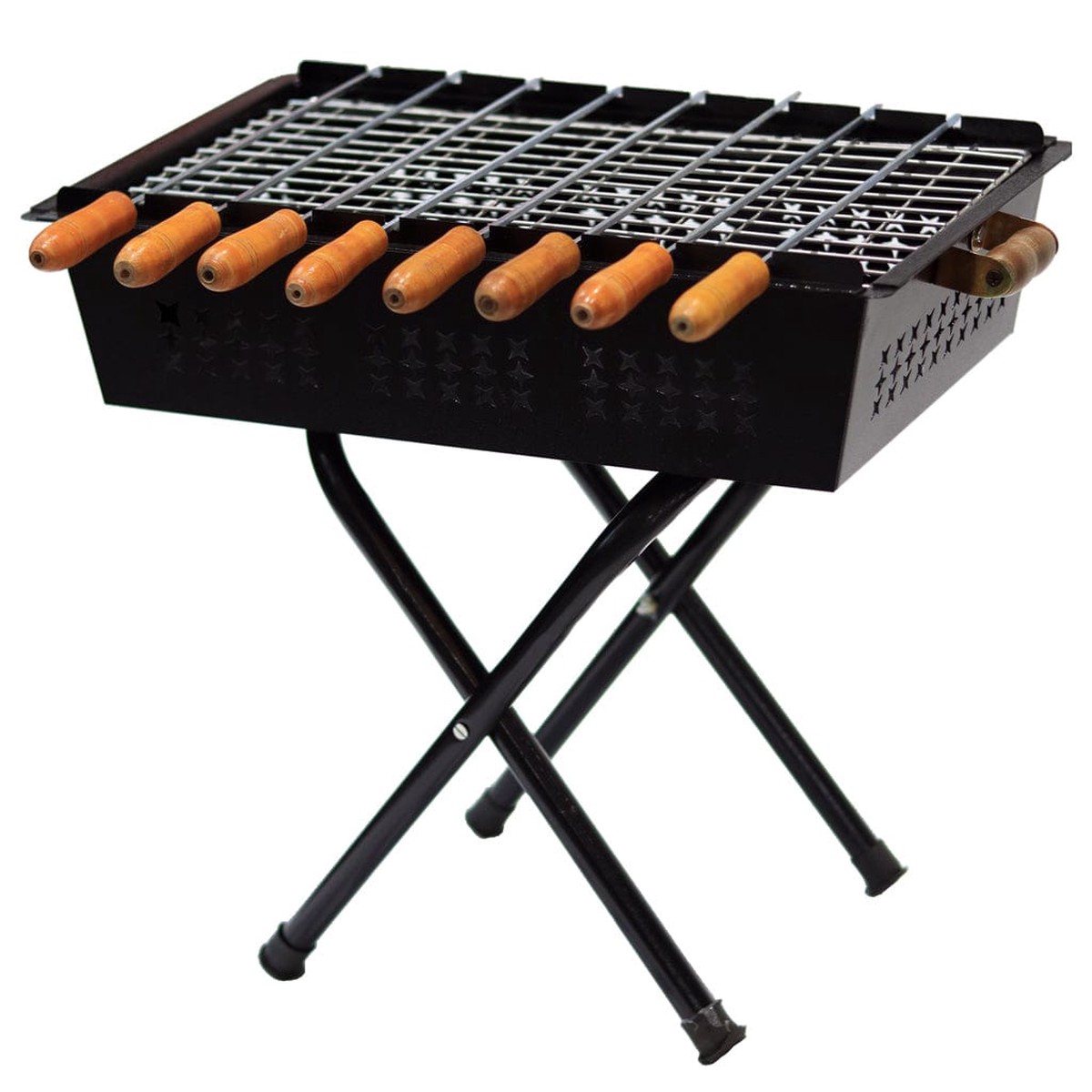 Foldable Charcoal Barbeque Grill Set With 8 Skewers Charcoal Tray (Sleek Black) Criss Cross Stand BBQ Grill