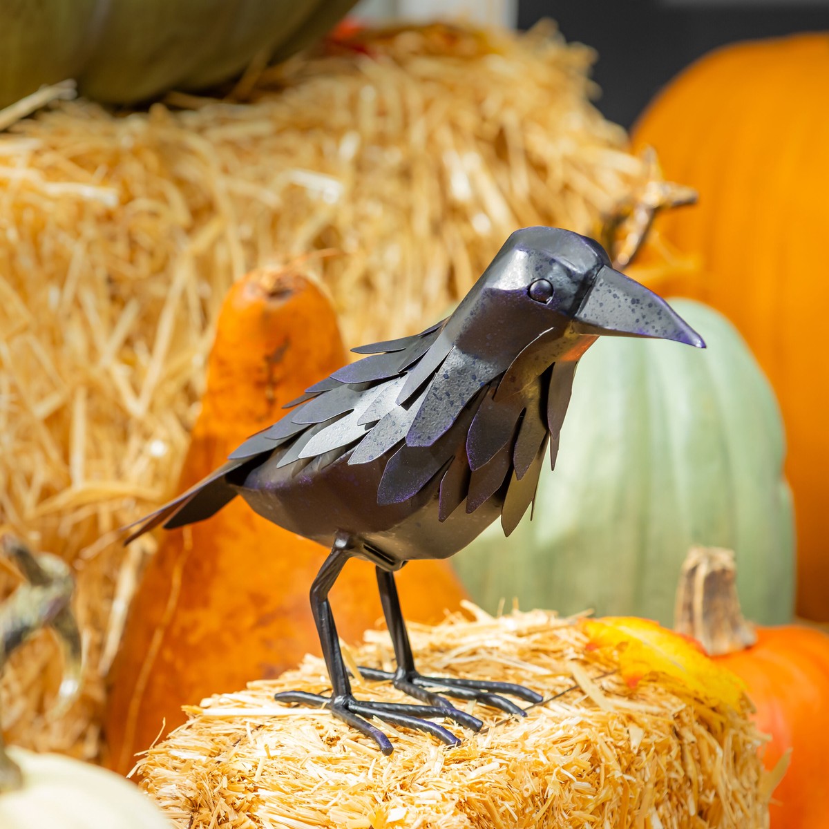 Haunted House Halloween Crow Metal Statuary 8H