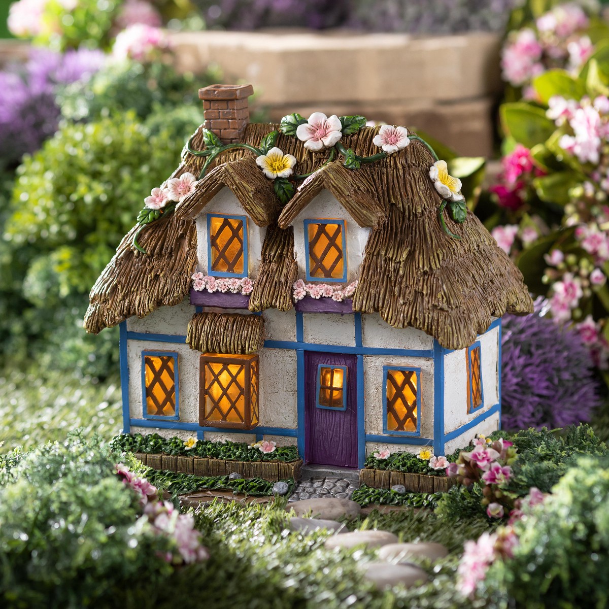 Miniature Floral Fairy Garden Solar Cottage
