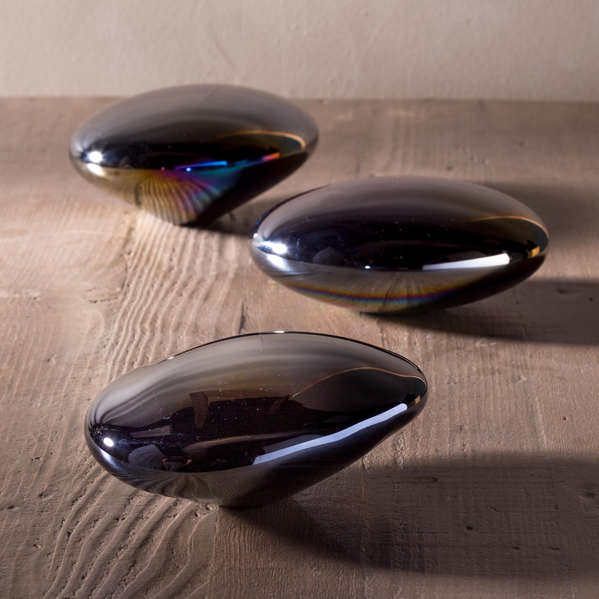 Organic Shaped Iridescent Glass Stones Set Of 3 Gray Gray