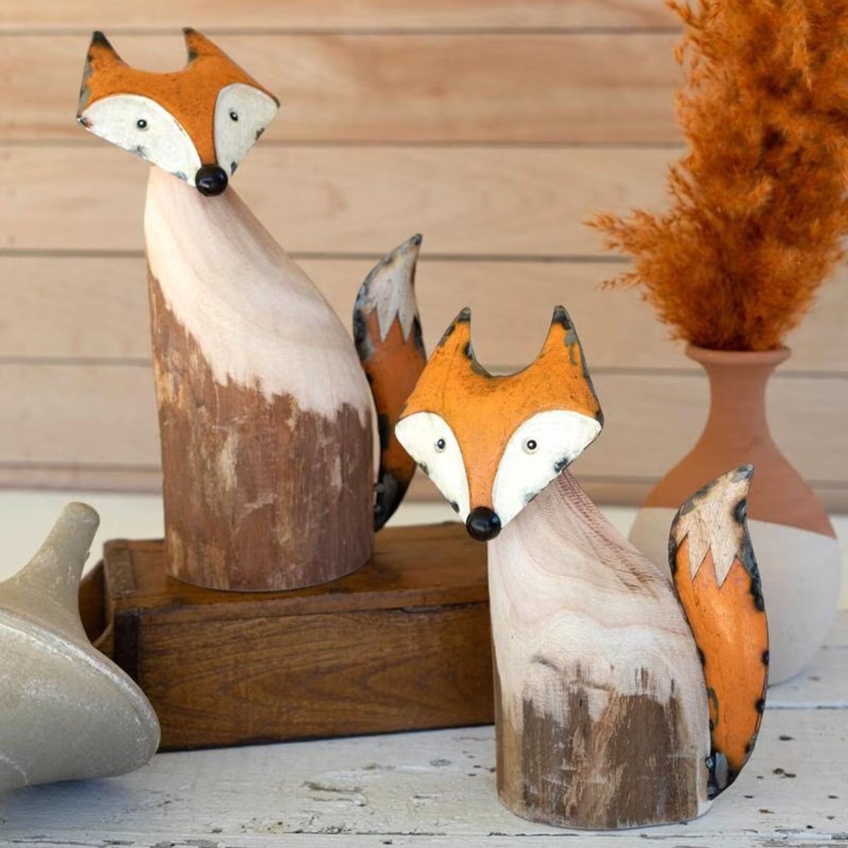 Recycled Metal And Wood Fox Garden Statue Set Of 2