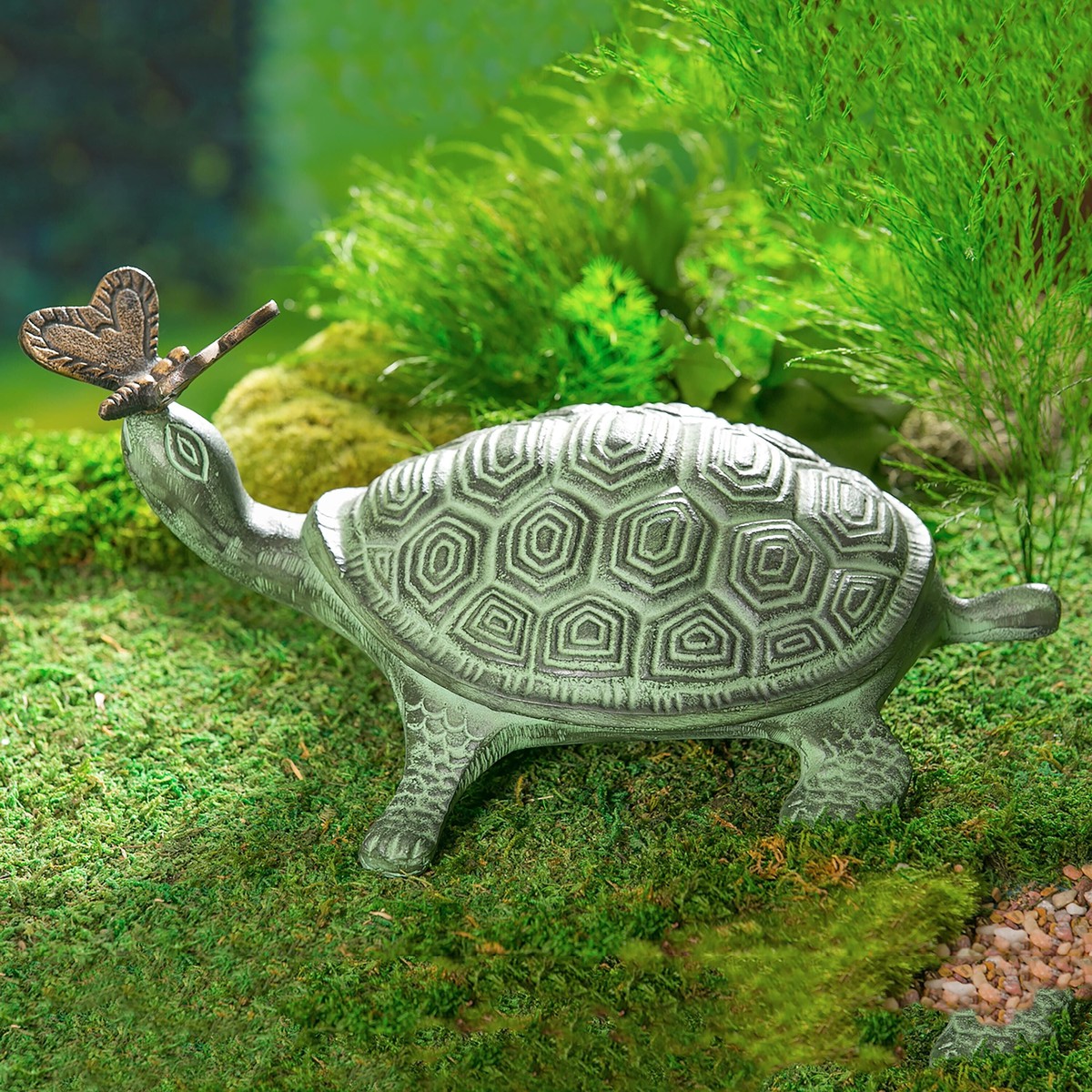 Tropical Oasis Garden Statue Verdigris Metal Turtle And Butterfly 14L