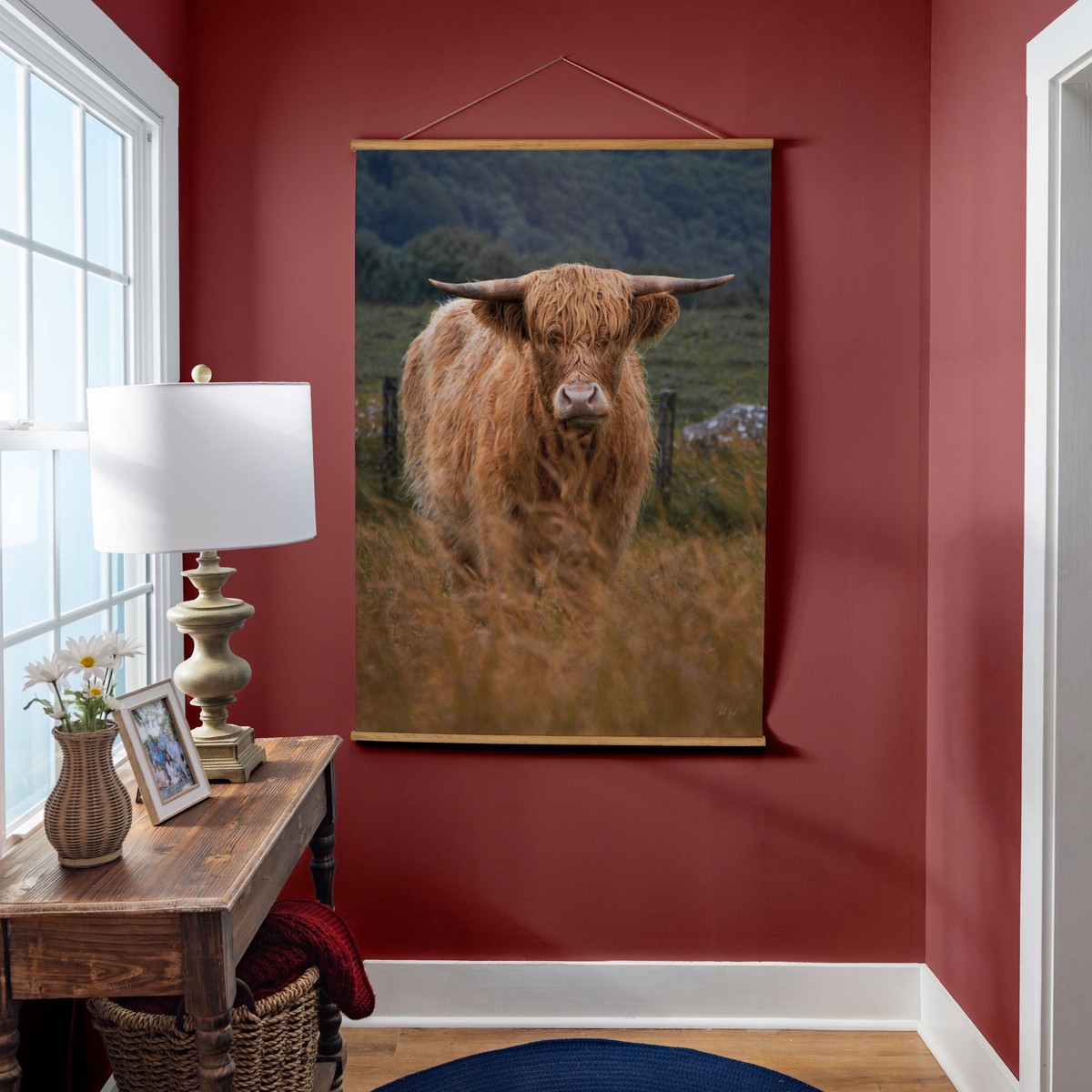 Hillside Pasture Indoor Wall Dcor Canvas Tapestry Highland Cow In Field 52 CanvasTapestry