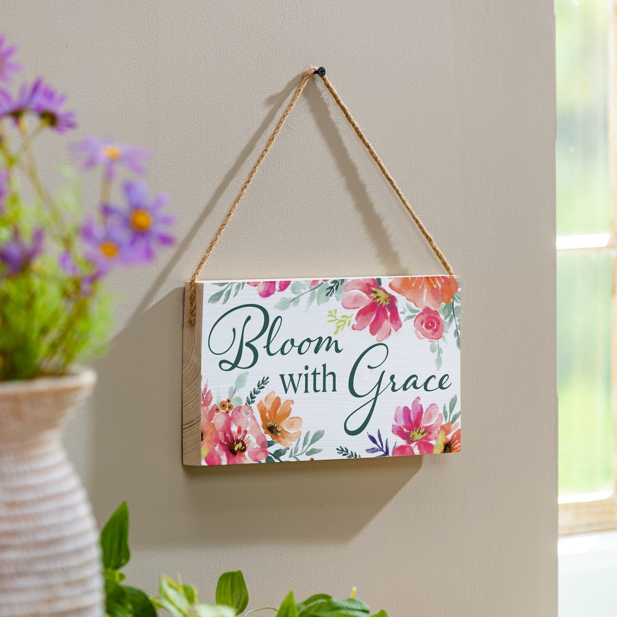 Pastels Of Nature Wood Hanging Sign W Rope Bloom With Grace 11