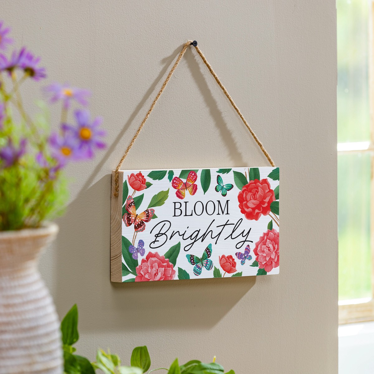 Peony Toile Wood Hanging Sign W Rope Butterfly Bloom Brightly 11