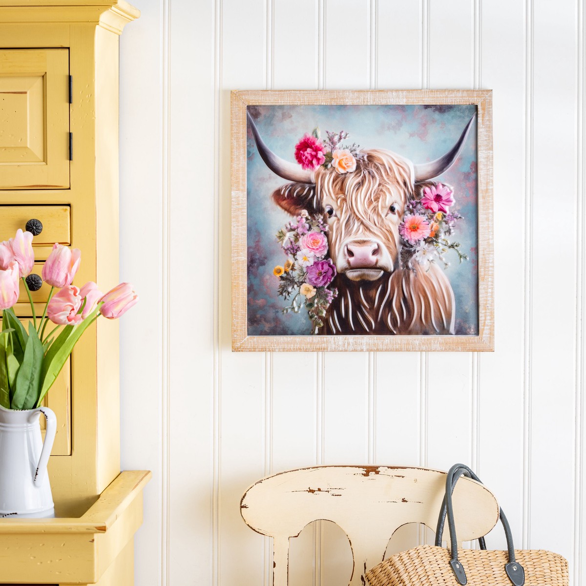 Petal Plow Indoor Wall Decor Metal Yak With Florals Metal With Wooden Frame Wall Art