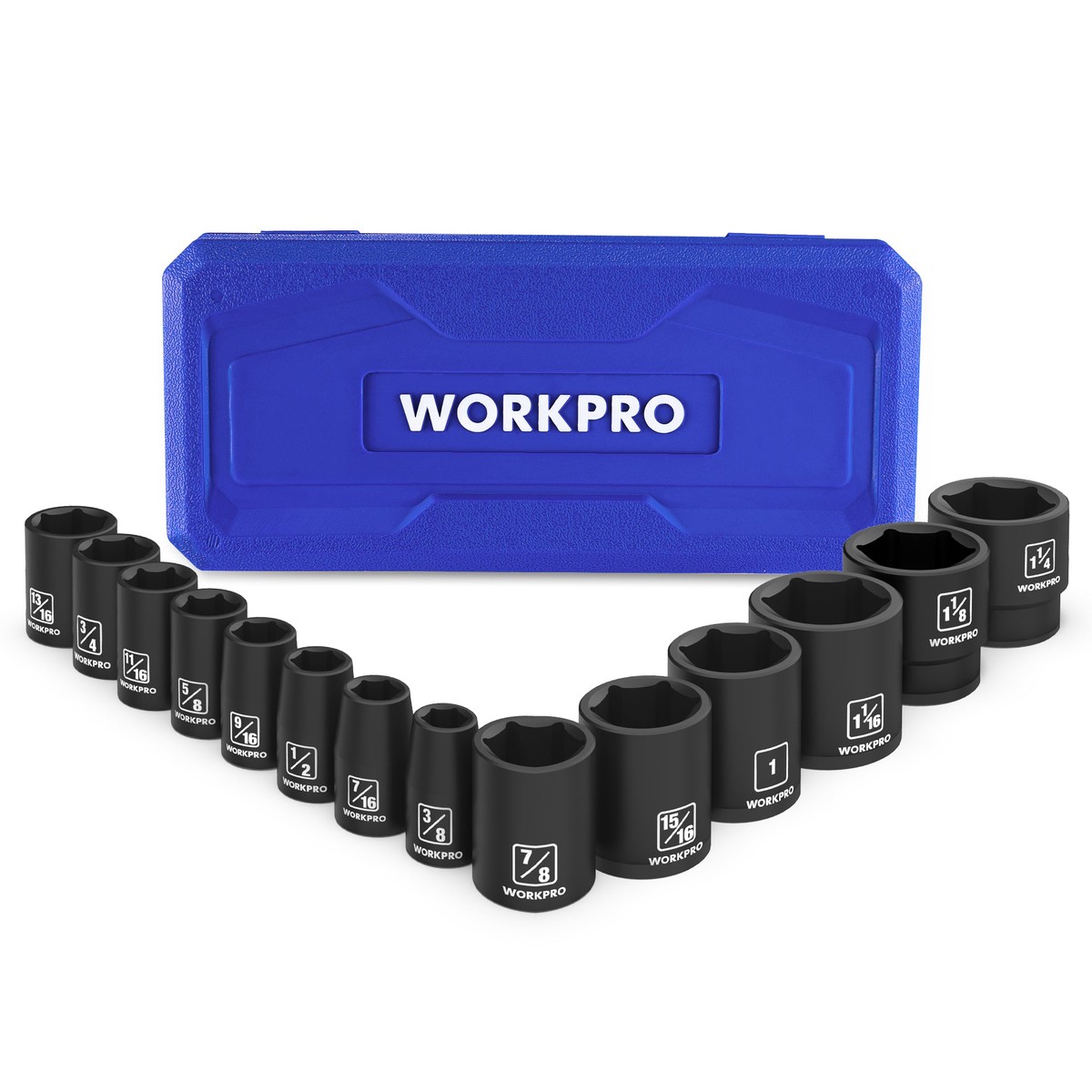 WORKPRO 14PCS 12 Drive Shallow Impact Socket Set SAE Cr-V Steel 6-Point Socket Set with Storage Case for Automotive Repairs