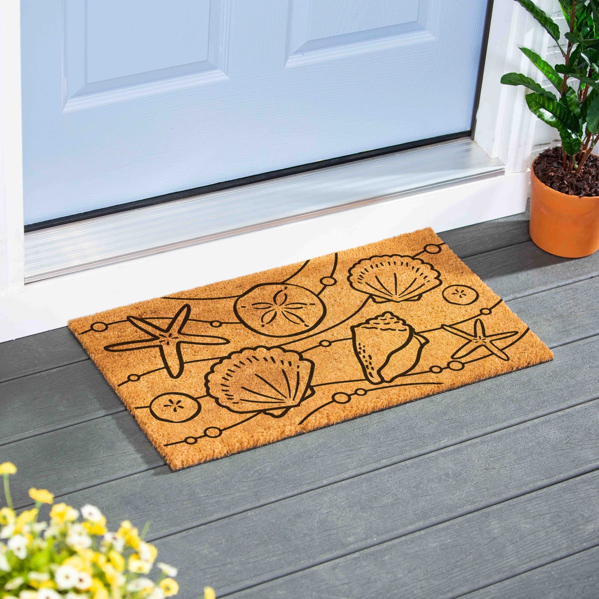 Blue Coastal Shells Coir Mat Sea Illustration 28x16
