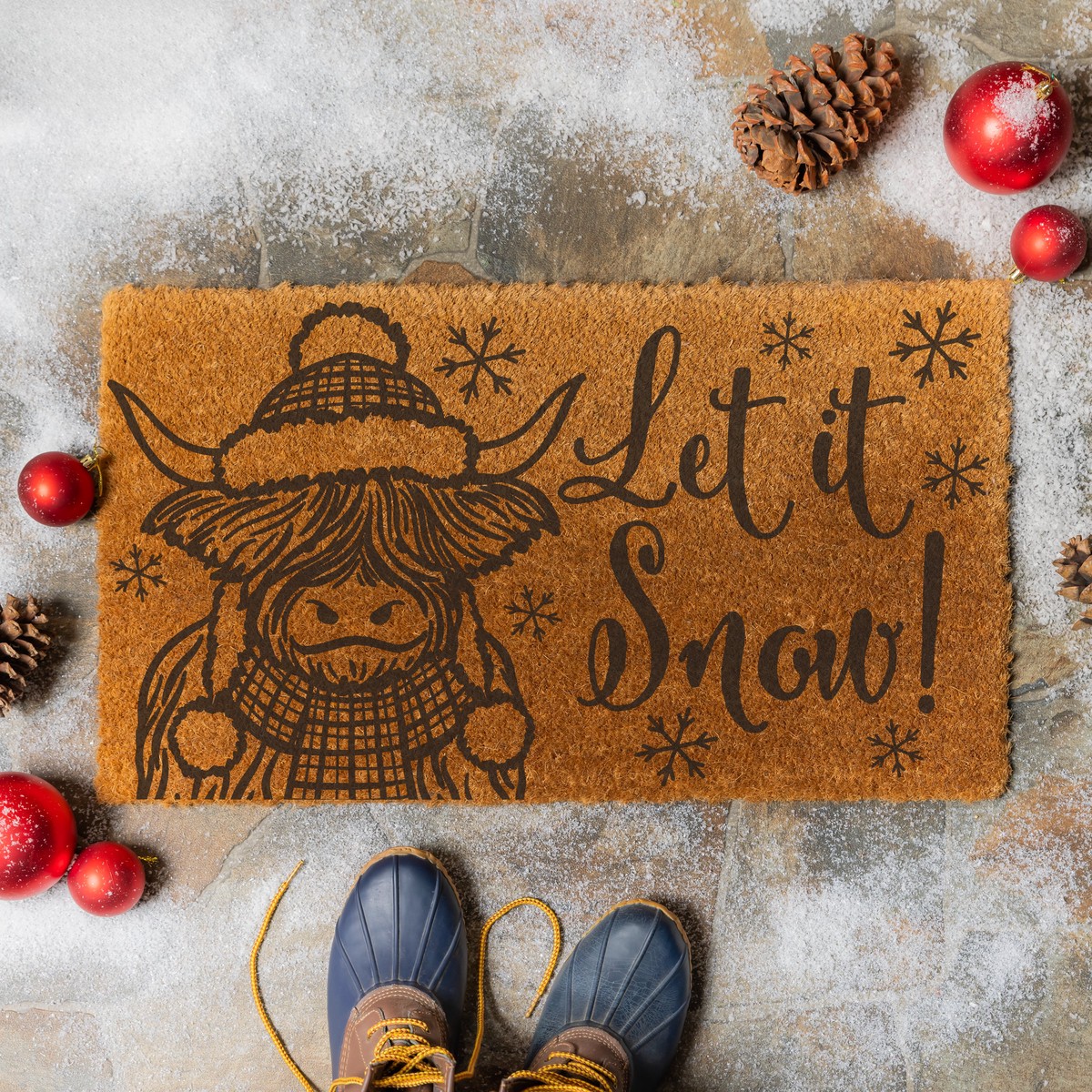 Holiday Poinsettia Highland Cow Coir Mat Let It Snow 28x16