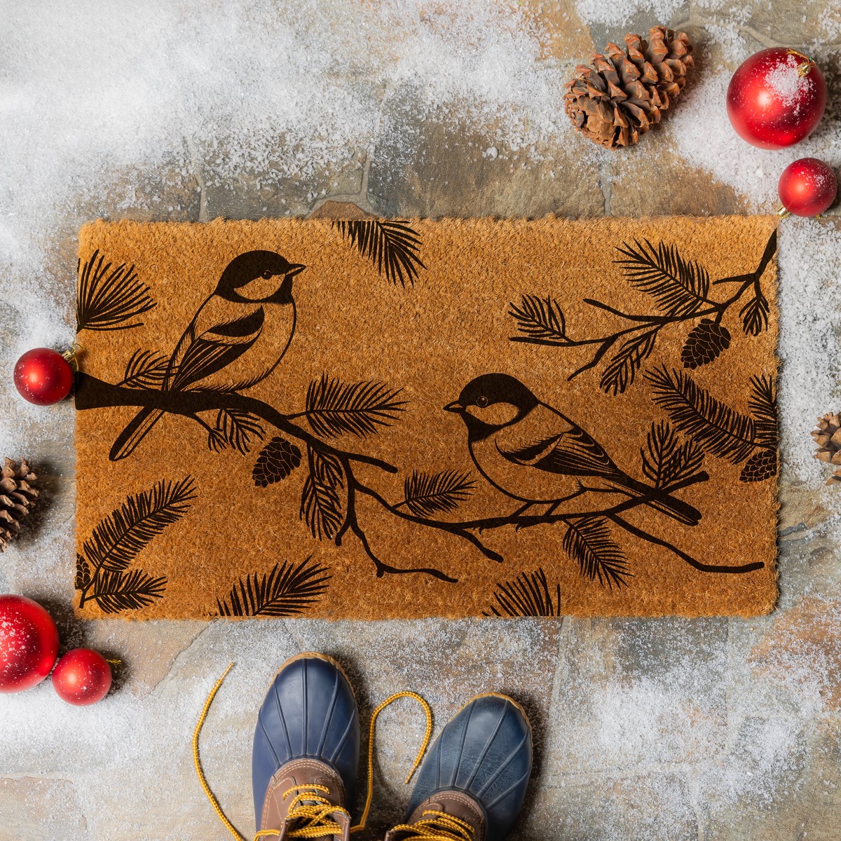 Holiday Poinsettia Chickadees Coir Mat 28x16