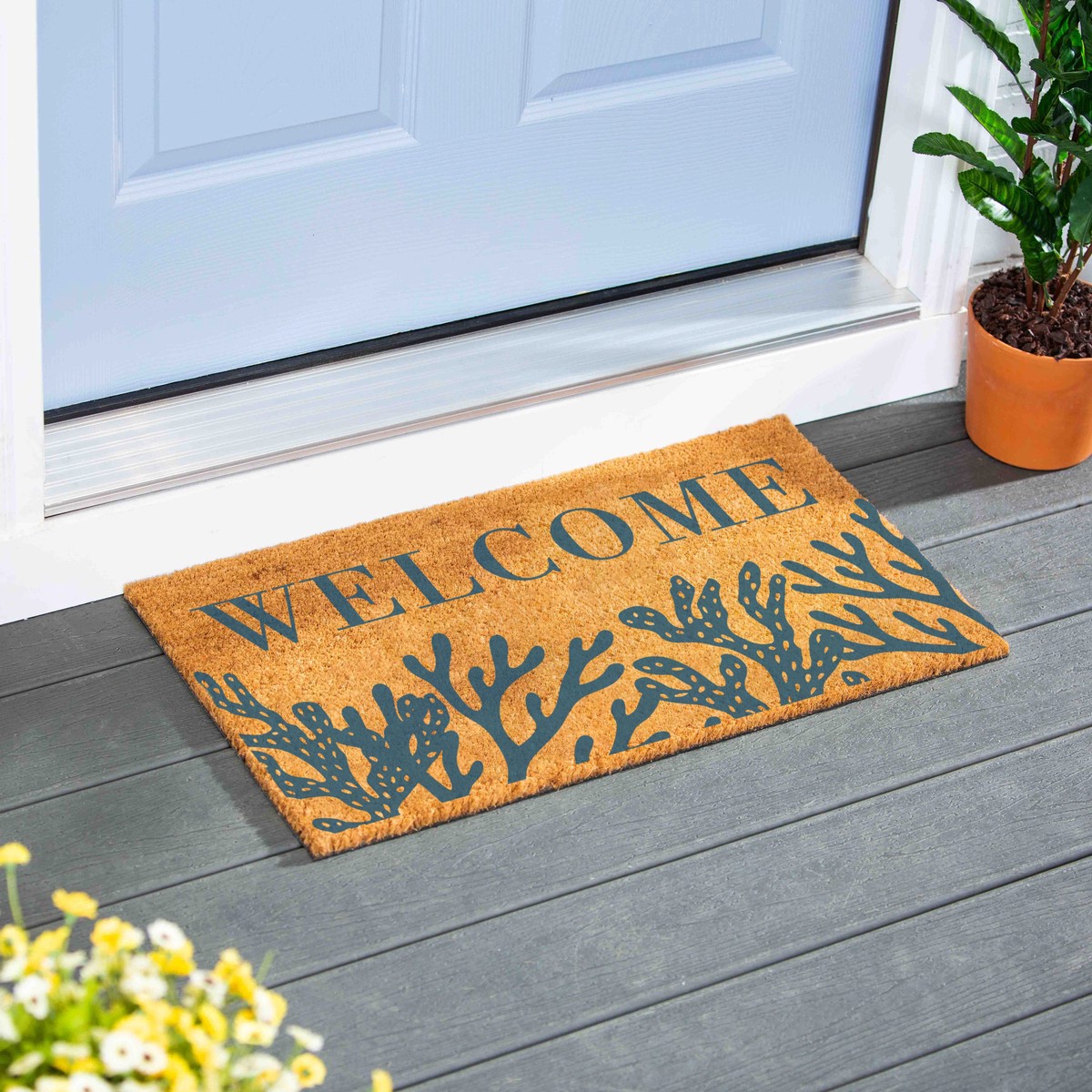 Blue Coastal Coral Sea Coir Mat Welcome 28x16
