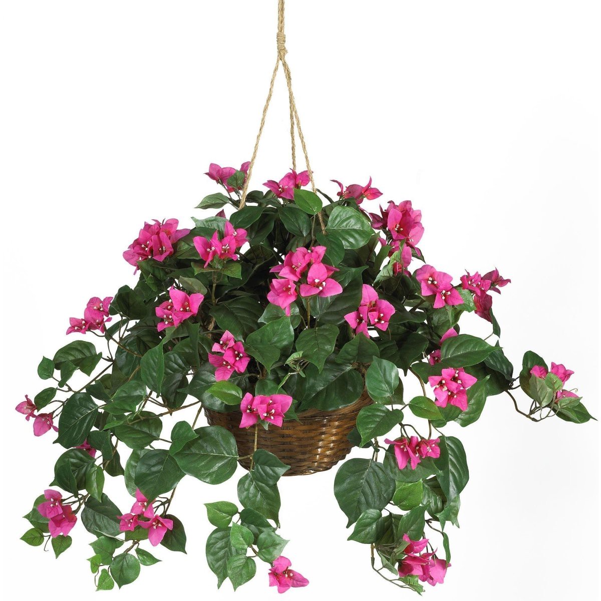 Silk Bougainvillea Hanging Basket Faux Cascading Vine in Wicker Planter