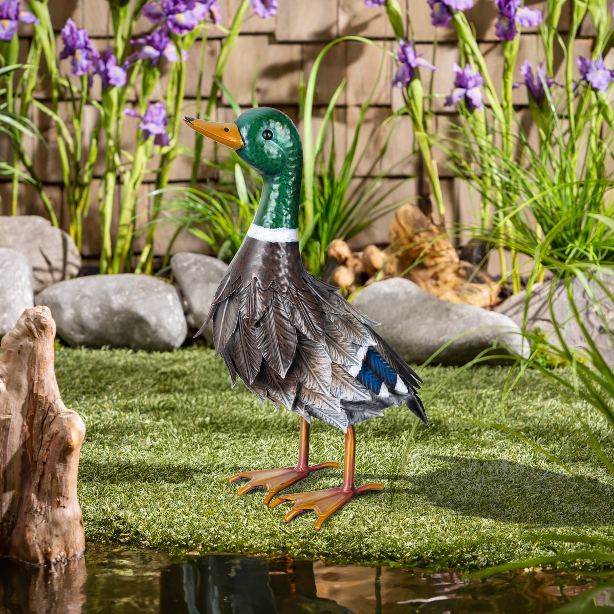 Metal Mallard Duck Garden Statue Looking Up Pose 16H